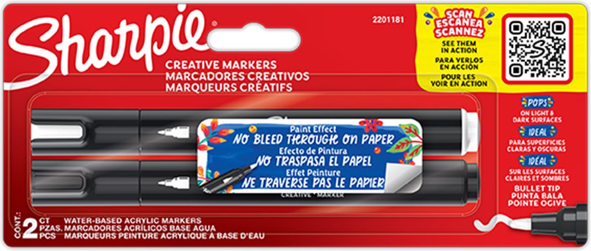 Sharpie Creative Marker Acrylverfmarker | Ronde punt | Verfmarkers op waterbasis | Inkt loopt niet door en geschikt voor de meeste oppervlakken | zwarte en witte inkt | 2 stuks